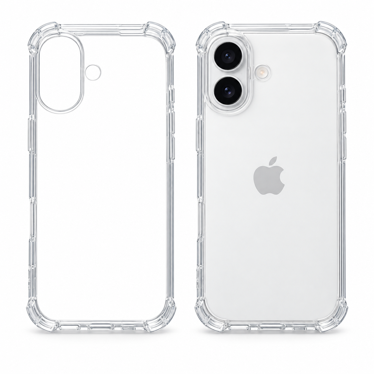 Clear protective case for iPhone 17 by buycases.ie, showing the transparent case fitted on the phone with precise cutouts.