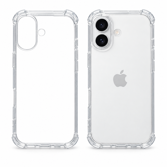 Clear protective case for iPhone 17 by buycases.ie, showing the transparent case fitted on the phone with precise cutouts.