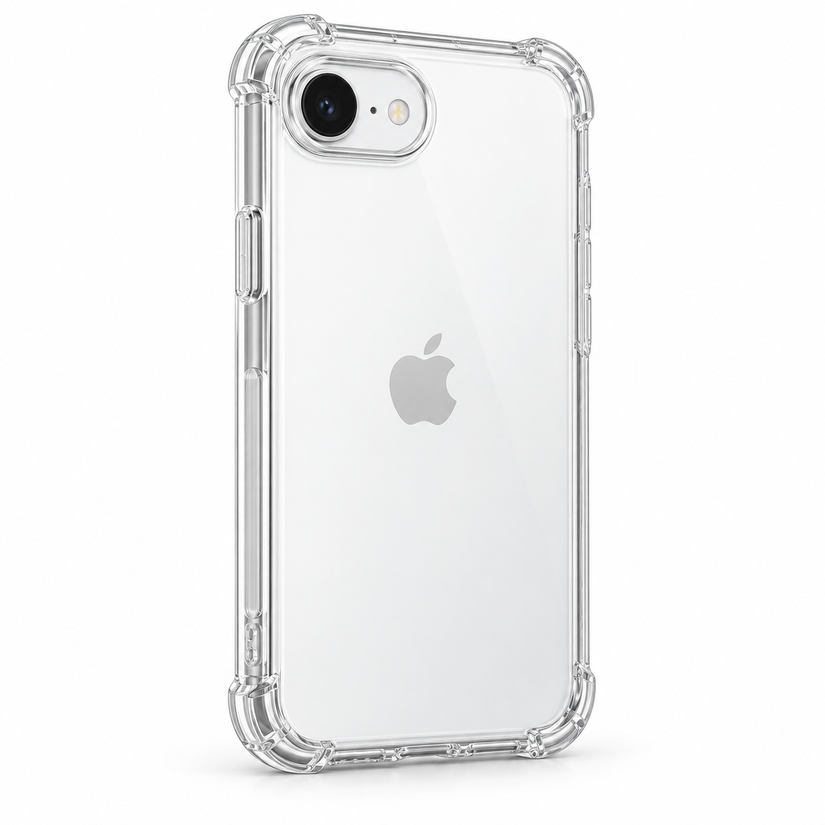 Clear protective case for iPhone 17e by buycases.ie, showcasing a slim, transparent design with precise cutouts for buttons and ports.
