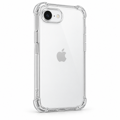 Clear protective case for iPhone 17e by buycases.ie, showcasing a slim, transparent design with precise cutouts for buttons and ports.
