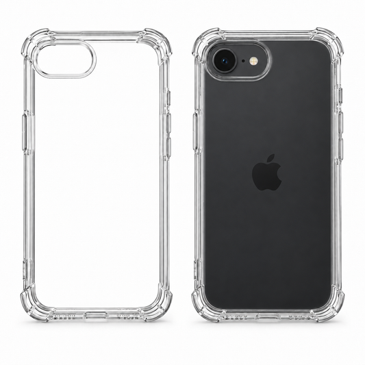 Clear protective case for iPhone 16e from buycases.ie, showcasing a transparent design fitting the phone's shape and ports.