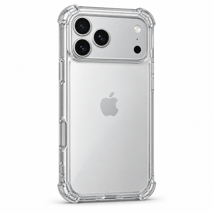 Clear protective case for iPhone 17 Pro Max by buycases.ie, showing the slim, transparent design fitting the phone perfectly.