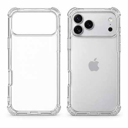 Clear protective case for iPhone 17 Pro Max by buycases.ie, showing the transparent design fitted on the phone.