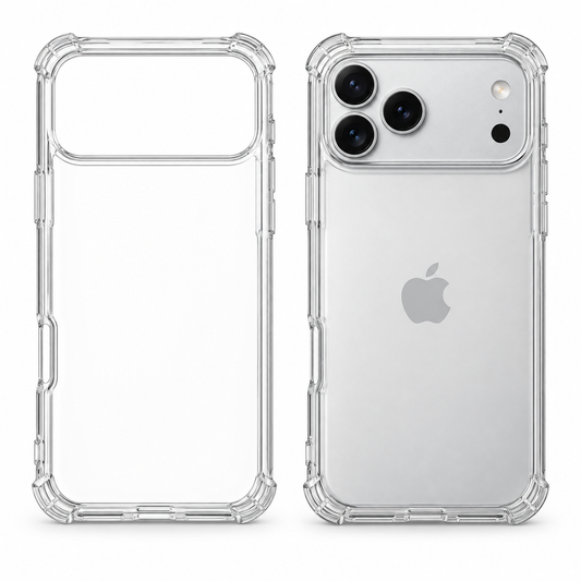 Clear protective case for iPhone 17 Pro Max by buycases.ie, showing the transparent design fitted on the phone.