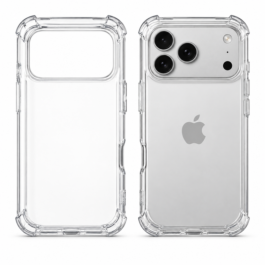 Clear protective case for iPhone 17 Pro, transparent and slim, designed to safeguard the phone while showcasing its design.