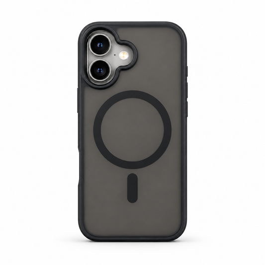 Black iPhone 17 MagSafe protective case by buycases.ie, showing a sleek, slim design with precise cutouts for buttons and camera.