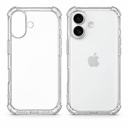 Clear protective case for iPhone 16 by buycases.ie, showcasing the transparent design and precise cutouts for phone protection.