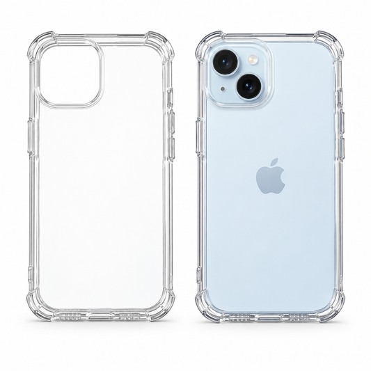 Clear protective case for iPhone 15 by buycases.ie, slim and transparent design showcasing the phone while providing protection.