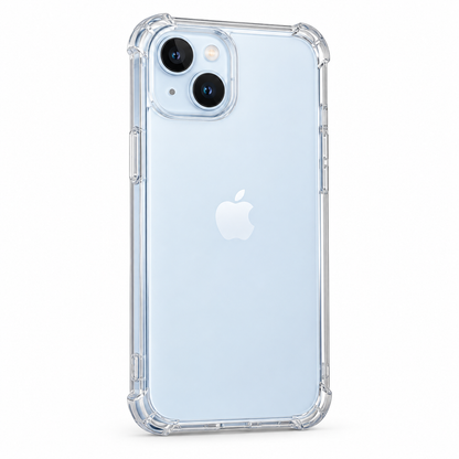 Clear protective case for iPhone 15 Plus, transparent design, fits snugly, from buycases.ie, showcasing the phone's sleek look.