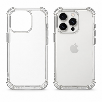 Clear protective case for iPhone 15 Pro, made by buycases.ie, showcasing the transparent design and precise fit for the smartphone.