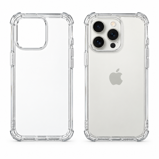 Clear protective case for iPhone 15 Pro Max, transparent and durable, designed by buycases.ie for full device protection.