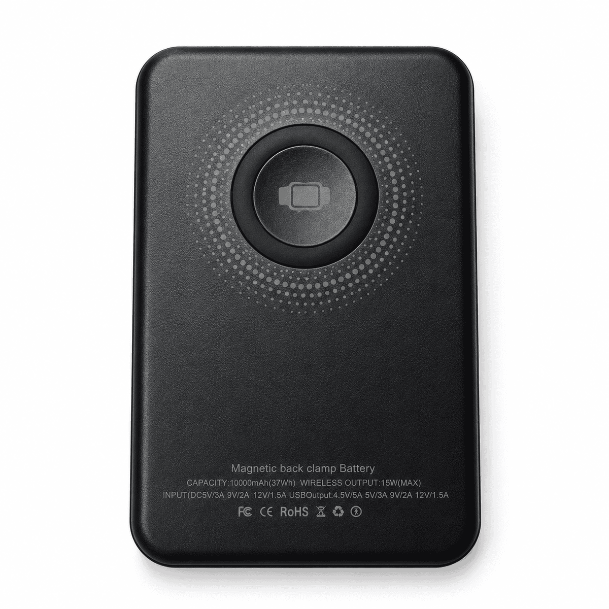 A black magnetic back clip battery with a textured finish, featuring a circular button design on the back, shown on a white background.