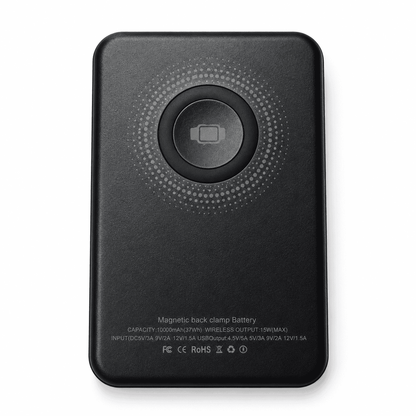 A black magnetic back clip battery with a textured finish, featuring a circular button design on the back, shown on a white background.